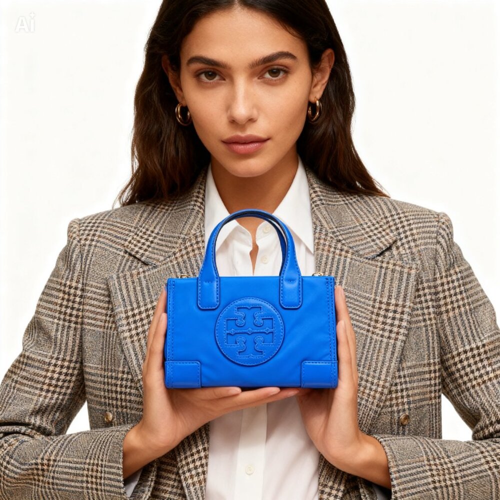 💙 Tory Burch Ella Micro Mini Tote Blue Nylon Leather Crossbody Big Logo